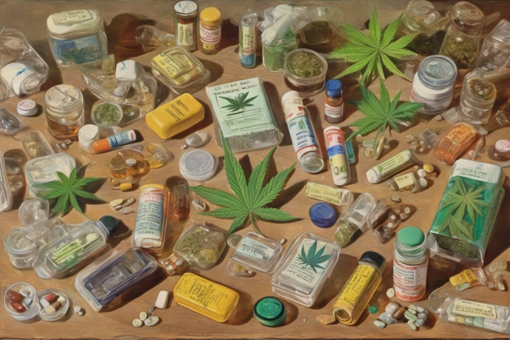 Medizin, Pillen, Cannabis, Rezept auf dem Tisch liegend, Arztpraxis, Pillendose mit Cannabisblatt